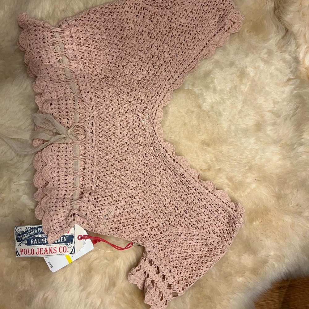 Ralph Lauren Polo Jeans Co. Crocheted Sweater 100% Cotton. Ribbon Tie at Waist.